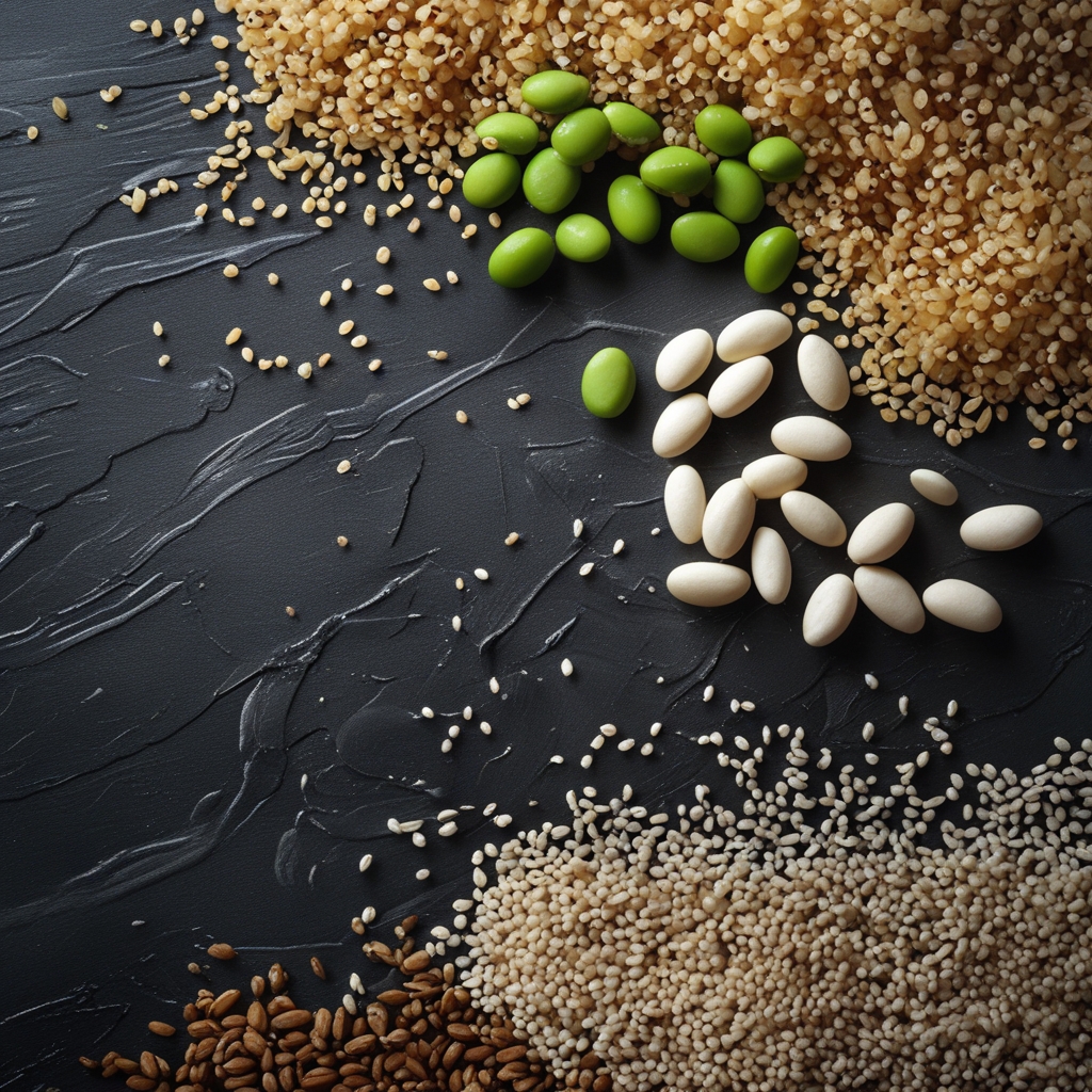 Close-up macro photograph of quinoa grains, edamame beans, and white hemp seeds arranged on a dark anthracite textured surface, dramatic low-angle studio lighting revealing fine grain textures and natural colour variations
