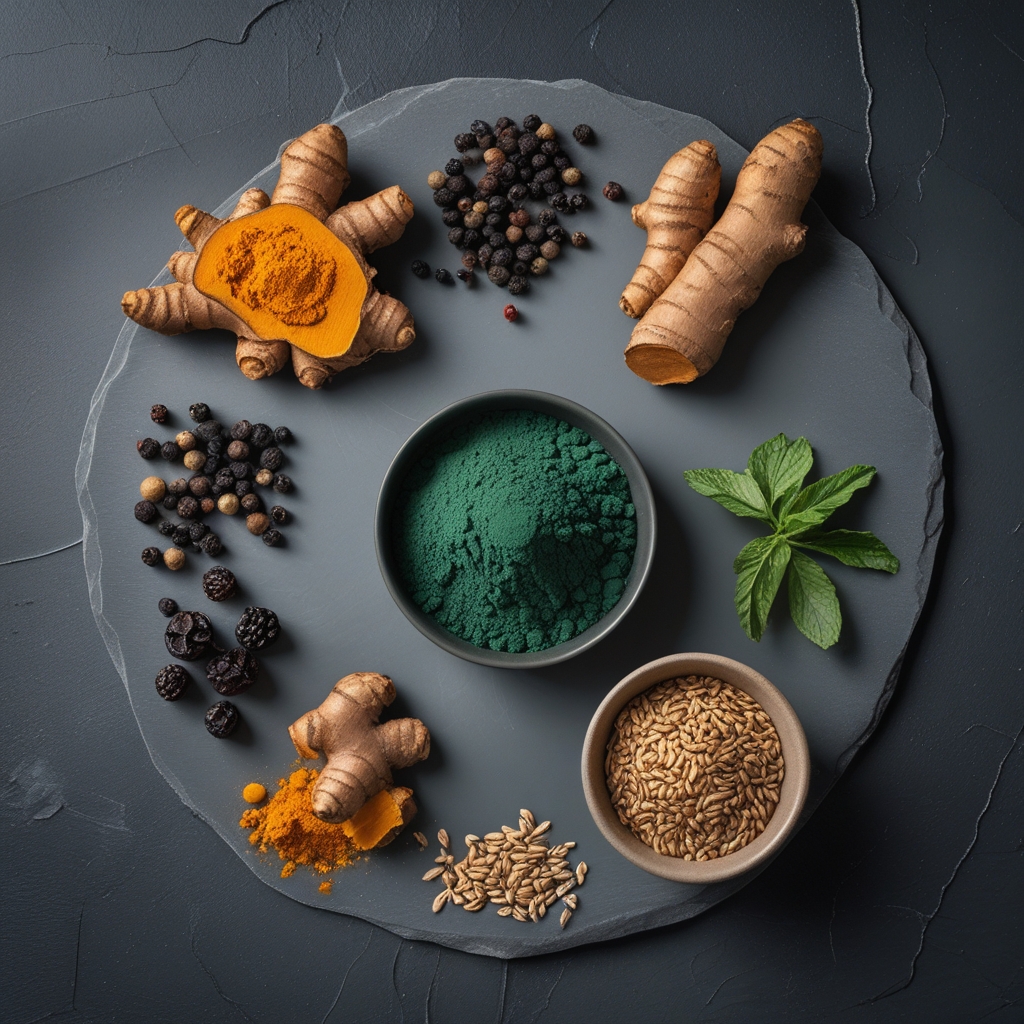 Overhead flat-lay of an assortment of whole natural ingredients used in complex nutritional formulations: turmeric root pieces, black peppercorns, dried elderberries, green spirulina powder in a small dish, and flaxseeds, on a slate grey background