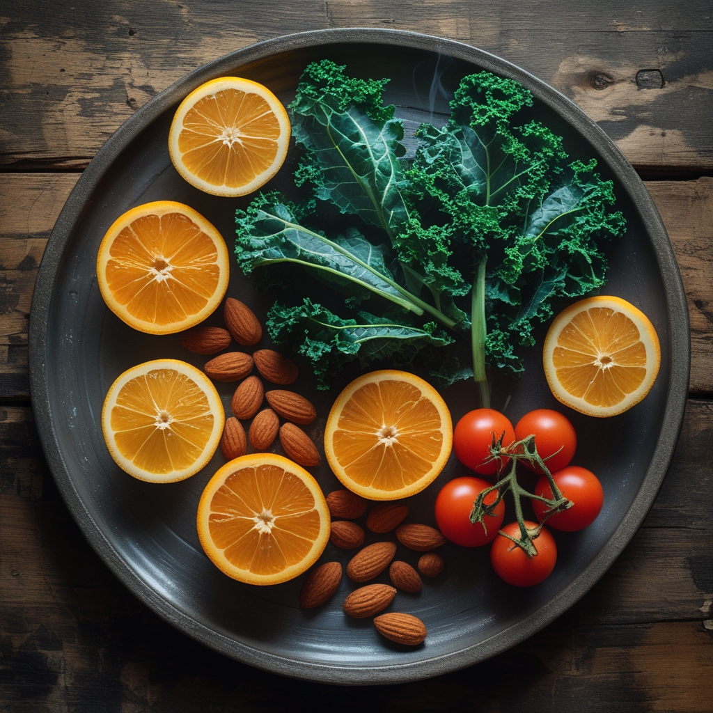 Overhead view of a vibrant selection of vitamin-rich whole foods arranged on a weathered wooden surface: halved citrus fruits, dark green kale leaves, whole almonds, and a cluster of deep red tomatoes, warm natural daylight