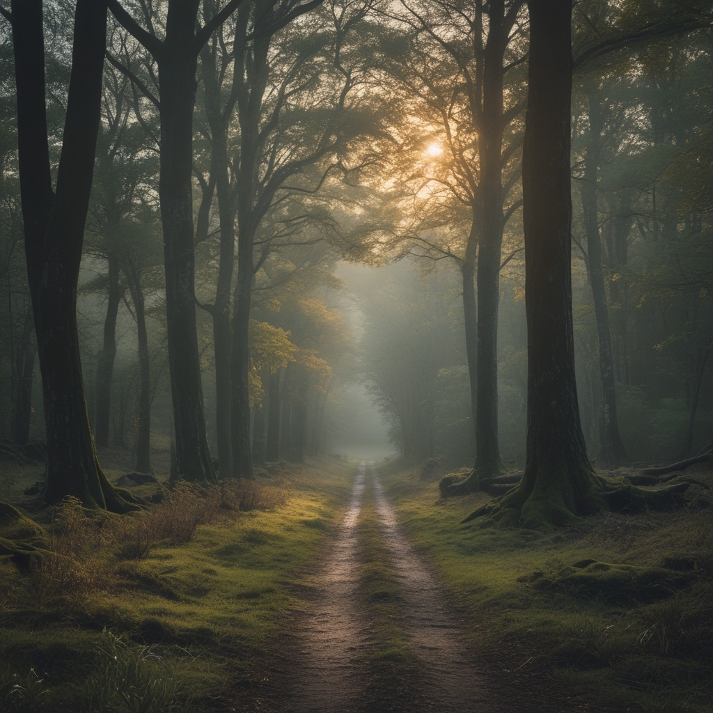 Serene misty forest path at dawn with tall ancient trees, soft golden light filtering through dense foliage, mossy ground, atmospheric depth and calm natural silence