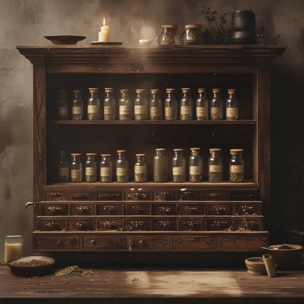 Antique wooden apothecary cabinet with many small labelled drawers, glass vials with dried plant material visible on a shelf, dark rich wood grain, candlelight ambience and dust particles in a shaft of light