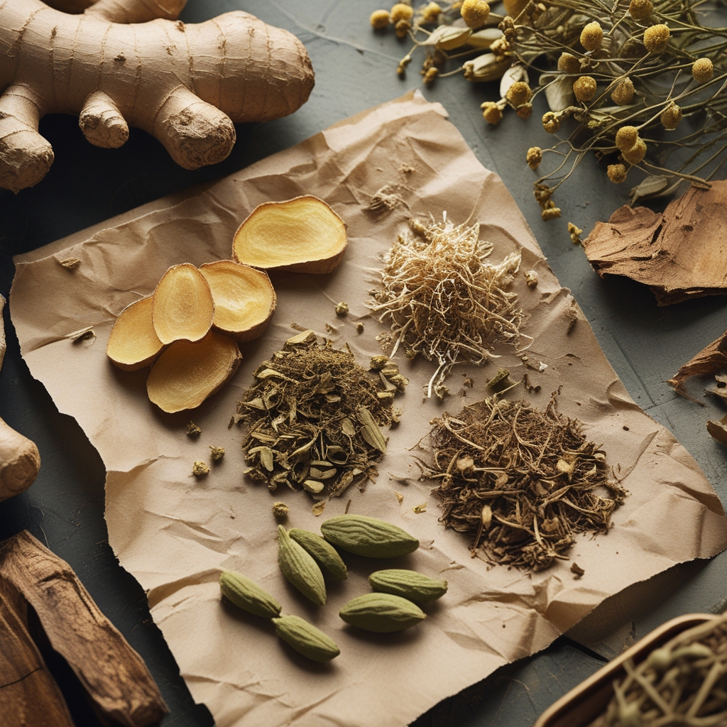 Selection of dried herbs and botanical ingredients laid on aged parchment paper: ginger root slices, loose dried chamomile flowers, green whole cardamom pods, and bark pieces, moody warm-toned studio lighting